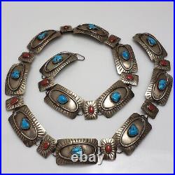Signed SS Old Pawn Native American Sterling Silver Turquoise Coral Concho Belt