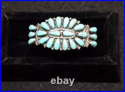 Signed Sterling Silver Petitpoint Turquoise Native American Indian Bracelet Cuff