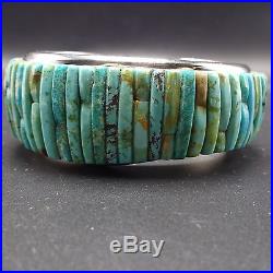 Signed Vintage NAVAJO Sterling Silver & TURQUOISE Cornrow Inlay Cuff BRACELET