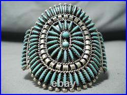 Signed Vintage Zuni Blue Gem Turquoise Needlepoint Sterling Silver Bracelet