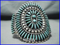 Signed Vintage Zuni Blue Gem Turquoise Needlepoint Sterling Silver Bracelet