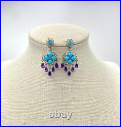 Silver 925 Turquoise Amethyst Crystal Earrings CZ Sterling South West Dangle