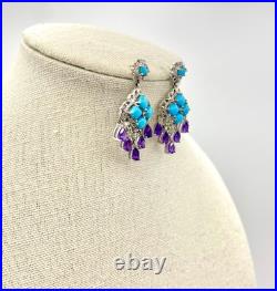 Silver 925 Turquoise Amethyst Crystal Earrings CZ Sterling South West Dangle