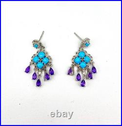 Silver 925 Turquoise Amethyst Crystal Earrings CZ Sterling South West Dangle