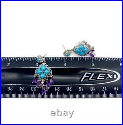 Silver 925 Turquoise Amethyst Crystal Earrings CZ Sterling South West Dangle