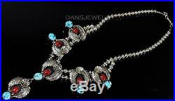 Silver Ray Vintage Old Pawn Navajo Coral TURQUOISE Sterling Silver Necklace