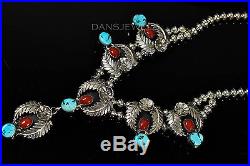 Silver Ray Vintage Old Pawn Navajo Coral TURQUOISE Sterling Silver Necklace