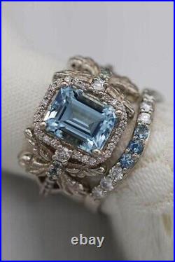 Silver Wedding Ring Set 925 CZ 925 Aqua Blue Band Square Shape ADASTRA JEWELRY