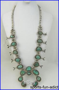 Siugned KH Sterling Silver 925 Bench Bead Naja Squash Blossom Turquoise Necklace