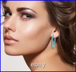 Sleeping Beauty Turquoise 14K White Gold OverProng Set Inside-Out Hoop Earrings