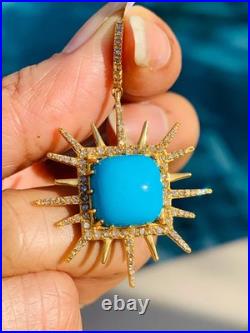 Sleeping Beauty Turquoise & Diamond 14K Yellow Gold Over Sun Pendant 18Necklace