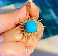 Sleeping Beauty Turquoise & Diamond 14K Yellow Gold Over Sun Pendant 18Necklace