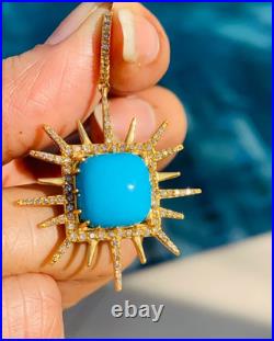Sleeping Beauty Turquoise & Diamond 14K Yellow Gold Over Sun Pendant 18Necklace