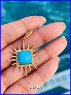 Sleeping Beauty Turquoise & Diamond 14K Yellow Gold Over Sun Pendant 18Necklace