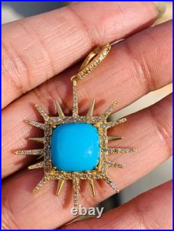 Sleeping Beauty Turquoise & Diamond 14K Yellow Gold Over Sun Pendant 18Necklace