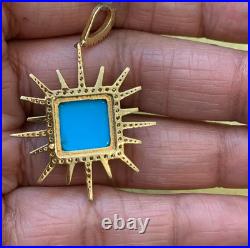 Sleeping Beauty Turquoise & Diamond 14K Yellow Gold Over Sun Pendant 18Necklace