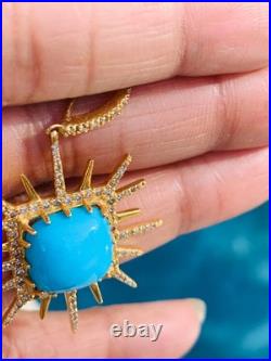 Sleeping Beauty Turquoise & Diamond 14K Yellow Gold Over Sun Pendant 18Necklace