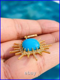 Sleeping Beauty Turquoise & Diamond 14K Yellow Gold Over Sun Pendant 18Necklace