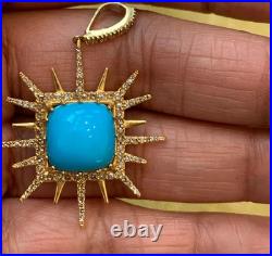 Sleeping Beauty Turquoise & Diamond 14K Yellow Gold Over Sun Pendant 18Necklace