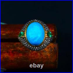 Sleeping Beauty Turquoise Diamond Emerald Ring 925 Sterling Silver Jewelry