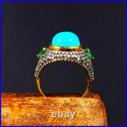 Sleeping Beauty Turquoise Diamond Emerald Ring 925 Sterling Silver Jewelry