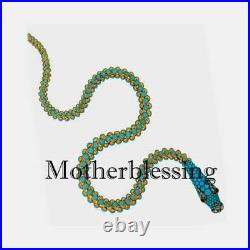 Solid 925 Sterling Silver Natural Diamond & Turquoise Snake Necklace Jewelry
