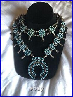 Southwest Sterling Silver Coral & Turquoise Reversible Squash Blossom Necklace