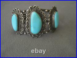 Southwestern Native American Navajo 3-Stone Turquoise Sterling Silver Bracelet