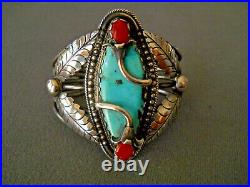 Southwestern Native American Turquoise Coral Flowers Sterling Silver Bracelet