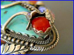 Southwestern Native American Turquoise Coral Flowers Sterling Silver Bracelet