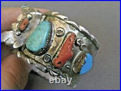 Southwestern Native American Turquoise Coral Sterling Silver Watch Bracelet