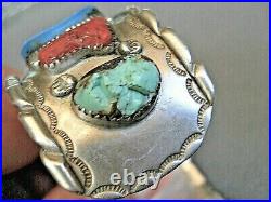 Southwestern Native American Turquoise Coral Sterling Silver Watch Bracelet