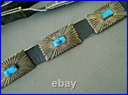 Southwestern Native American Turquoise Sterling Silver Etched Concho Belt