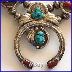 Squash Blossom Necklace Sterling Silver Turquoise and Red Coral Signed