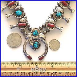 Squash Blossom Necklace Sterling Silver Turquoise and Red Coral Signed
