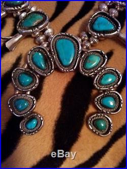 Squash Blossom Old Pawn Navajo Sterling Silver Turquoise Necklace 225 Grams