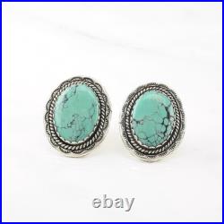 Stamped Native American Turquoise Sterling Silver Pierced Earrings