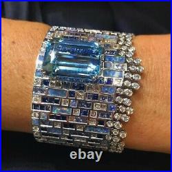 Statement Bracelet 925 Sterling Silver For Women CZ Aqua Round Bezel Jewelry