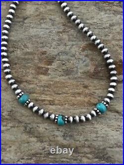 Sterling Silver 4mm Pearls with Turquoise Bead Necklace Choker. 14 inch
