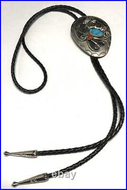 Sterling Silver 925 Navajo Turquoise & Coral Horse Bolo Tie GF21