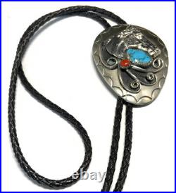 Sterling Silver 925 Navajo Turquoise & Coral Horse Bolo Tie GF21