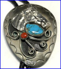 Sterling Silver 925 Navajo Turquoise & Coral Horse Bolo Tie GF21