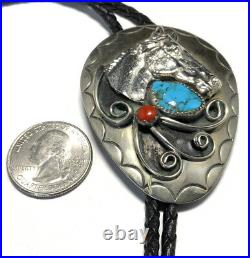 Sterling Silver 925 Navajo Turquoise & Coral Horse Bolo Tie GF21