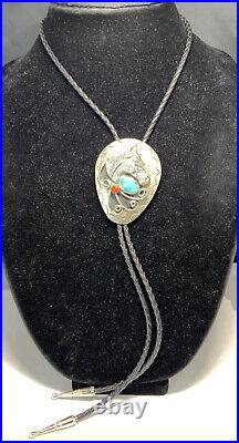 Sterling Silver 925 Navajo Turquoise & Coral Horse Bolo Tie GF21