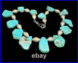 Sterling Silver And Turquoise Beaded Necklace Ethnic Gemstone Fine Jewelry 19.5