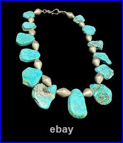 Sterling Silver And Turquoise Beaded Necklace Ethnic Gemstone Fine Jewelry 19.5 Sterling Silver And Turquoise Beaded Necklace Ethnic Gemstone Fine Jewelry 19.5