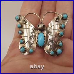 Sterling Silver Butterfly brooch Sleeping Beauty Turquoise signed Yazzie Family