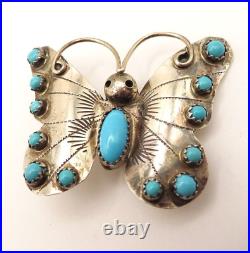 Sterling Silver Butterfly brooch Sleeping Beauty Turquoise signed Yazzie Family