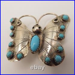 Sterling Silver Butterfly brooch Sleeping Beauty Turquoise signed Yazzie Family