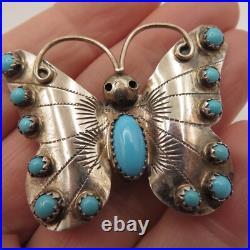 Sterling Silver Butterfly brooch Sleeping Beauty Turquoise signed Yazzie Family
